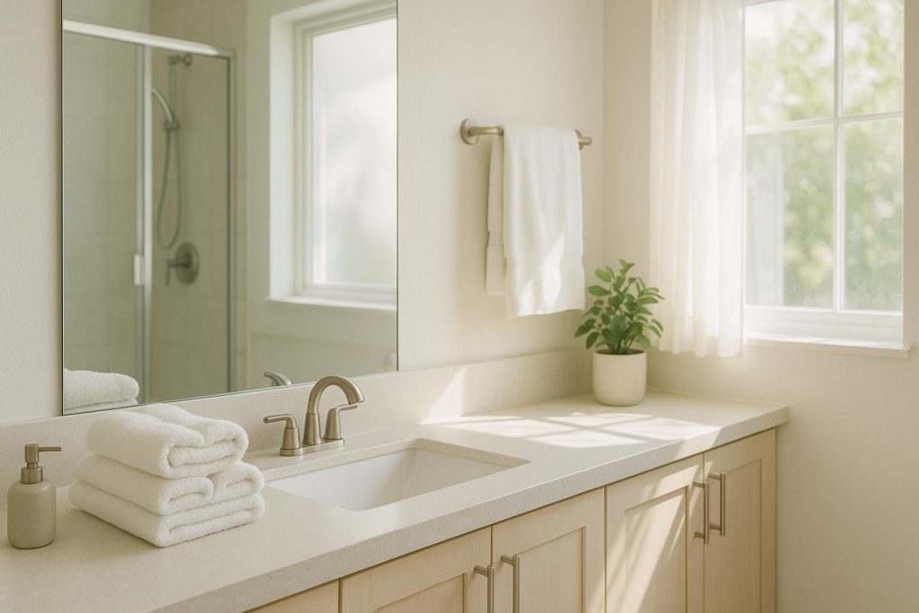 Sunlit modern bathroom with white towels, illustrating consistent home upkeep.