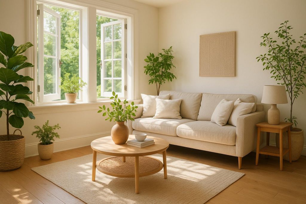 Sunlit living room with open windows to freshen up house smell.