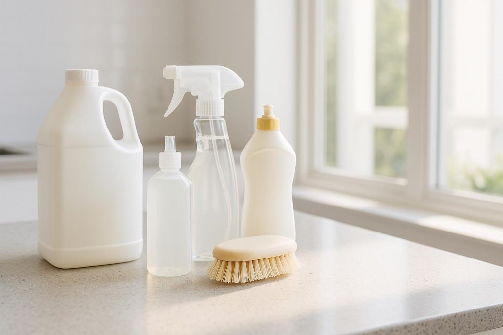 Various household cleaning products separated on a countertop.