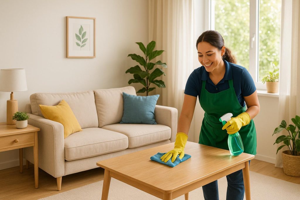 Local cleaning services staff tidying a bright living room table, emphasizing detail and care.
