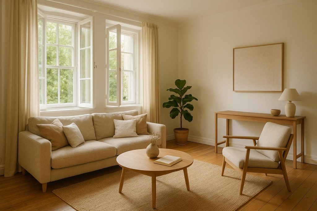 Bright living room with open windows and tidy decor, ready for spring cleaning.