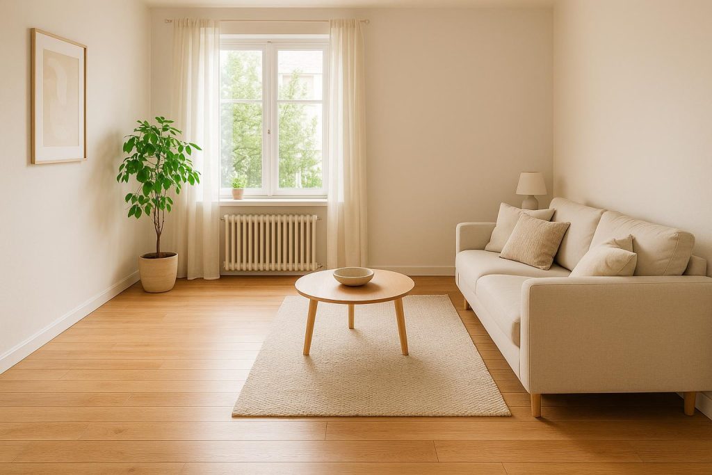 Clean, sunlit living room showcasing a professional move in cleaning result.