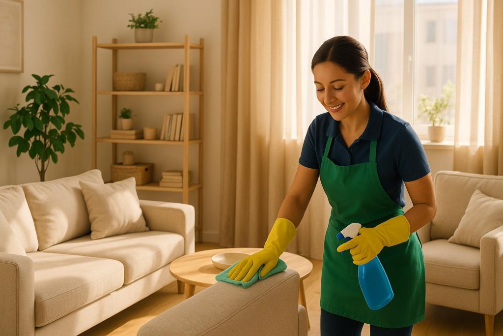 Cleaner providing top-notch move-in cleaning service in a bright living room.
