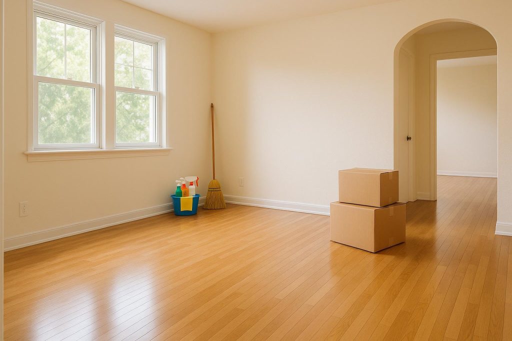 Freshly cleaned empty room with moving boxes for move-out cleaning.