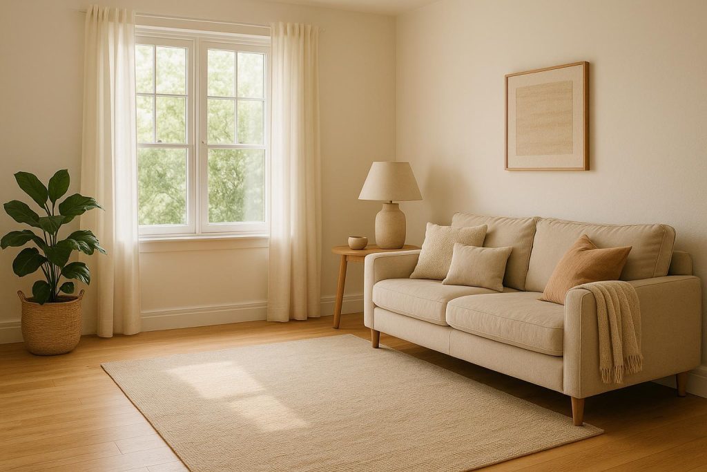 Bright living room showing a tidy space for the right cleaning package.