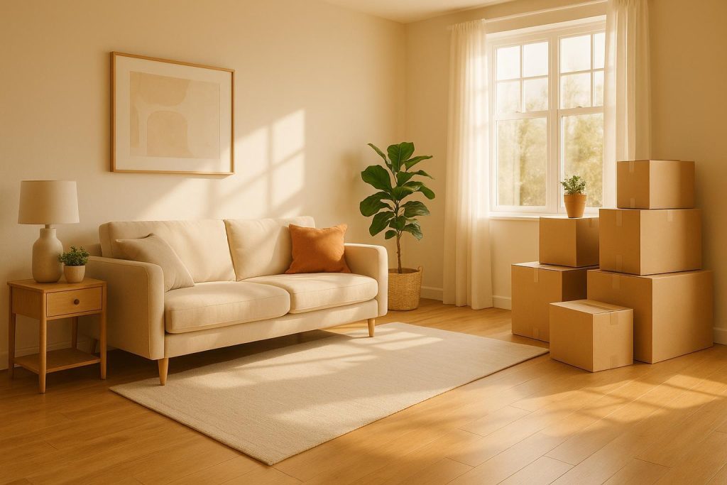 Bright room with moving boxes, illustrating move-out cleaning before vacating.