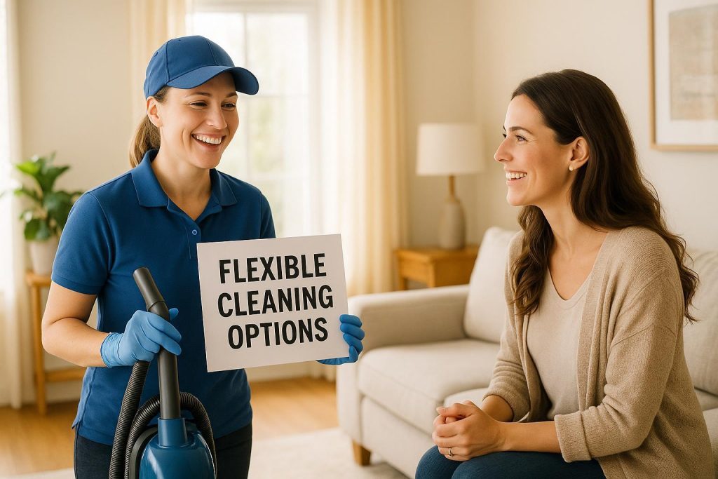 Professional discussing customizable move-out cleaning options in a bright, tidy space.