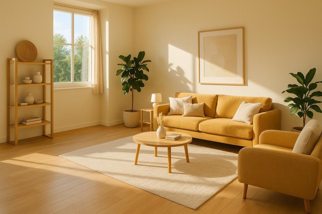 Bright living space reflecting professional house cleaning services, center-left open for overlay.