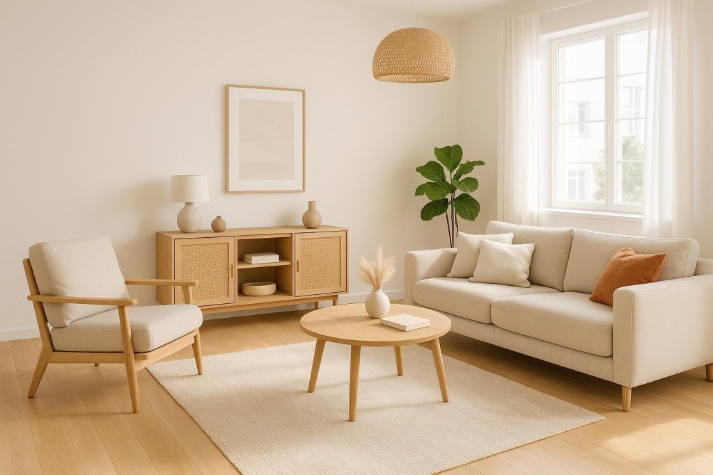 A tidy, sunlit living room illustrating the results of regular cleaning services.