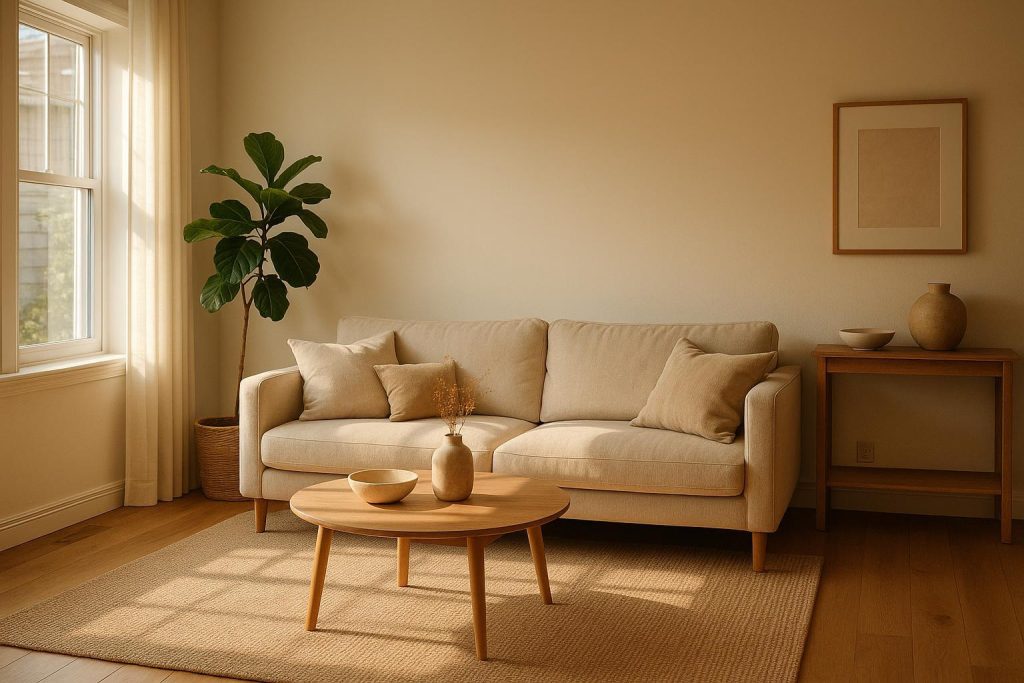 Sunlit Sherwood Park living room in neutral tones, representing thorough cleaning services.