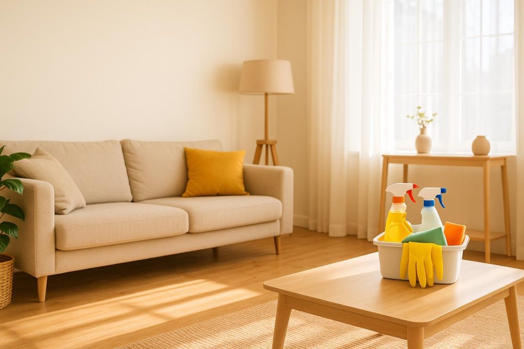 Spacious living room neatly arranged for a house cleaning service, with supplies visible in the corner.