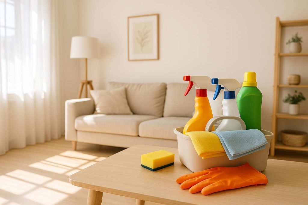 Bright living room with cleaning supplies, referencing how to clean a disgusting house thoroughly.