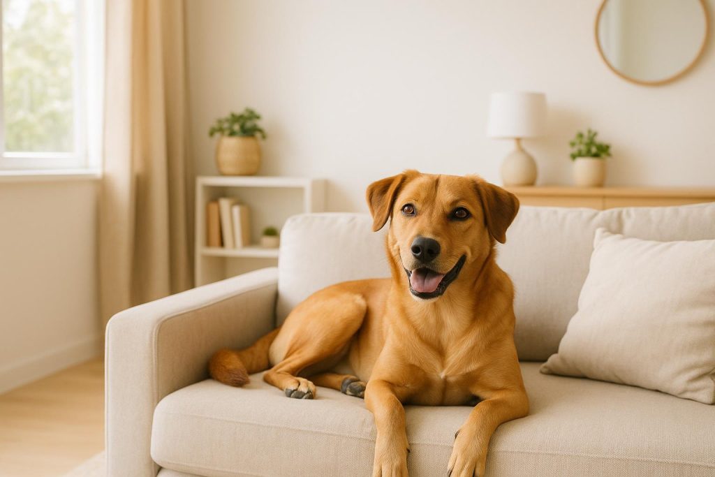 Dog resting in a clean living room awaiting a house cleaning service.