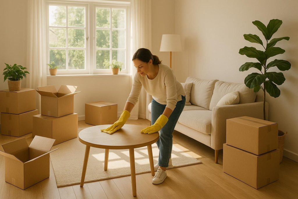 Bright living room with moving boxes and a move in cleaning service preparing a new home.