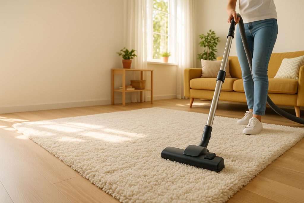 Home carpet cleaning in progress with a vacuum on a plush rug in natural light.