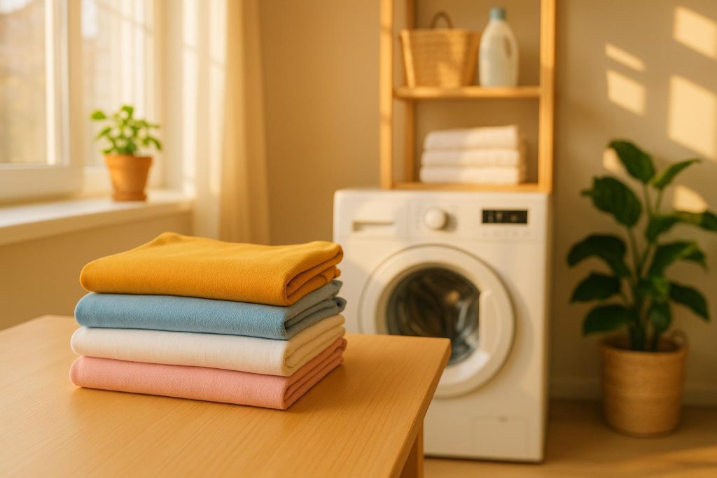 Housekeepers neatly folding laundry in a bright, well-organized home.