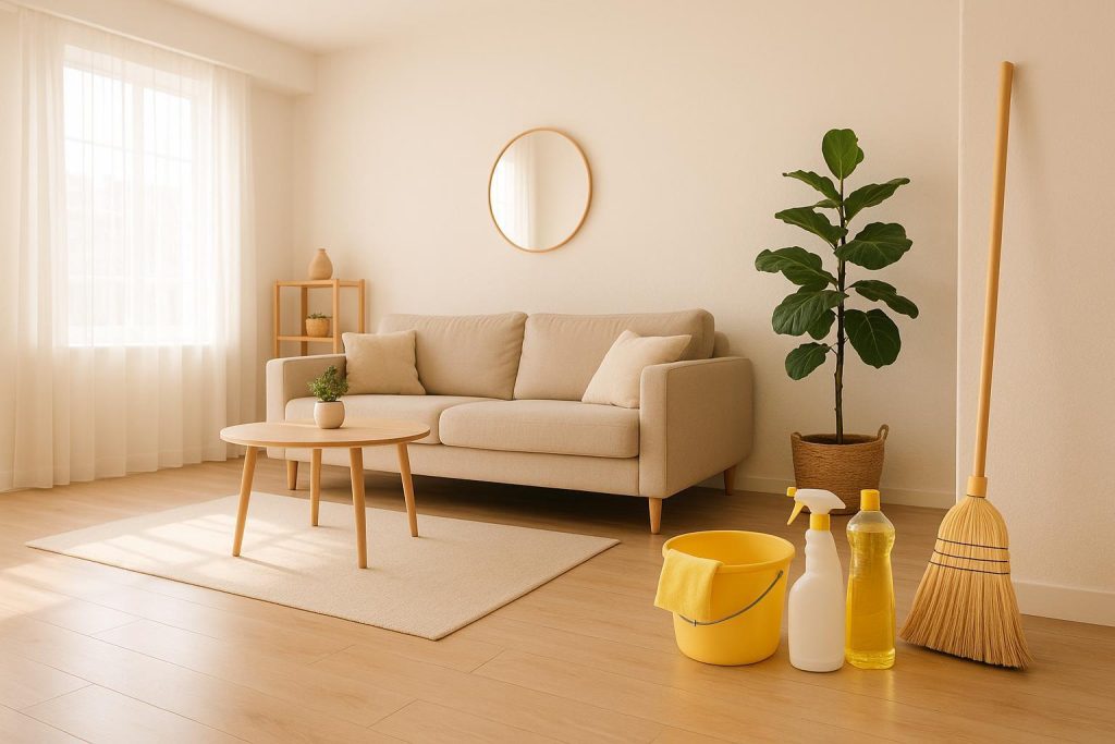Sunlit living room showing a move in cleaning service setup for new occupants