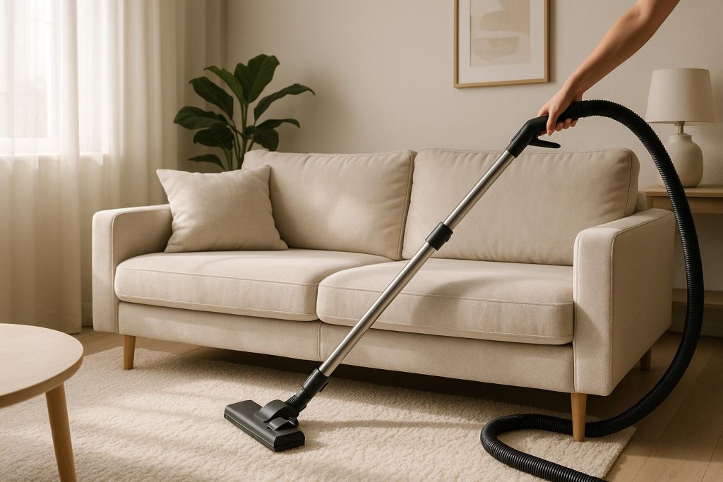 Person vacuuming a neutral couch to reduce allergens at home.