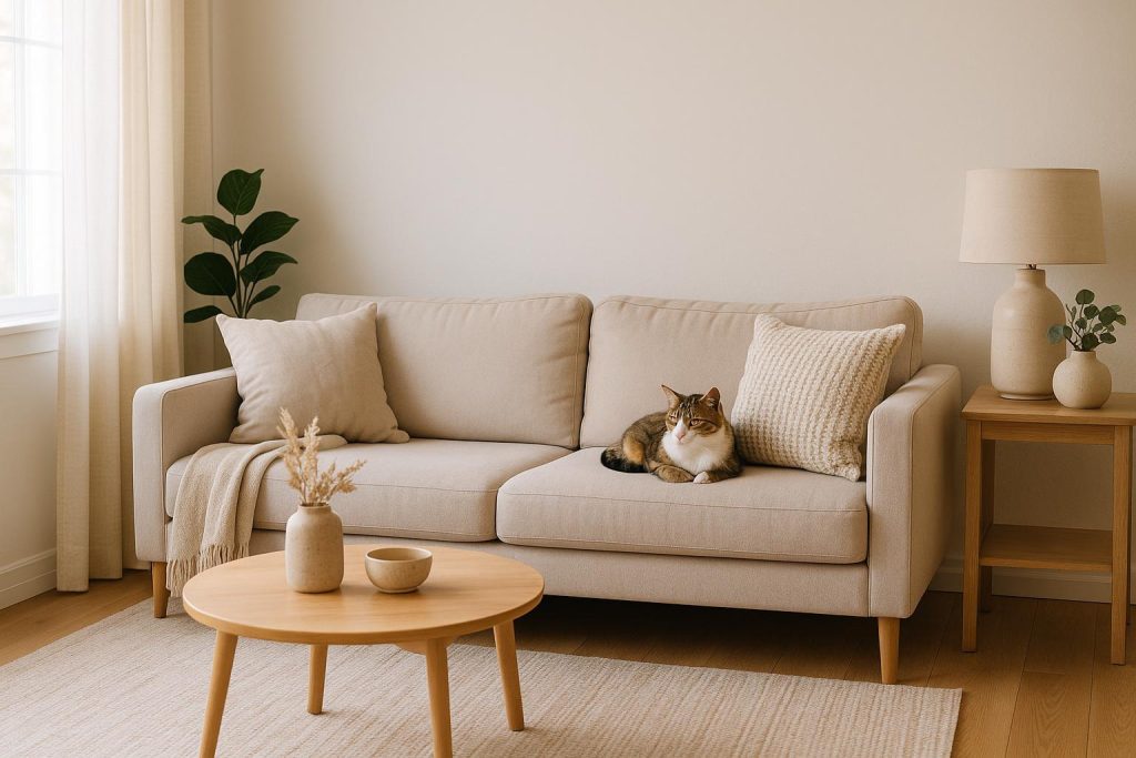 Short-haired cat on a sofa in a bright living room, illustrating tips to reduce pet dander.
