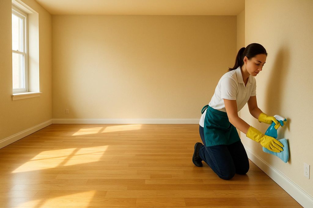 Professional move-out cleaning of an empty living room with a cleaner wiping surfaces.