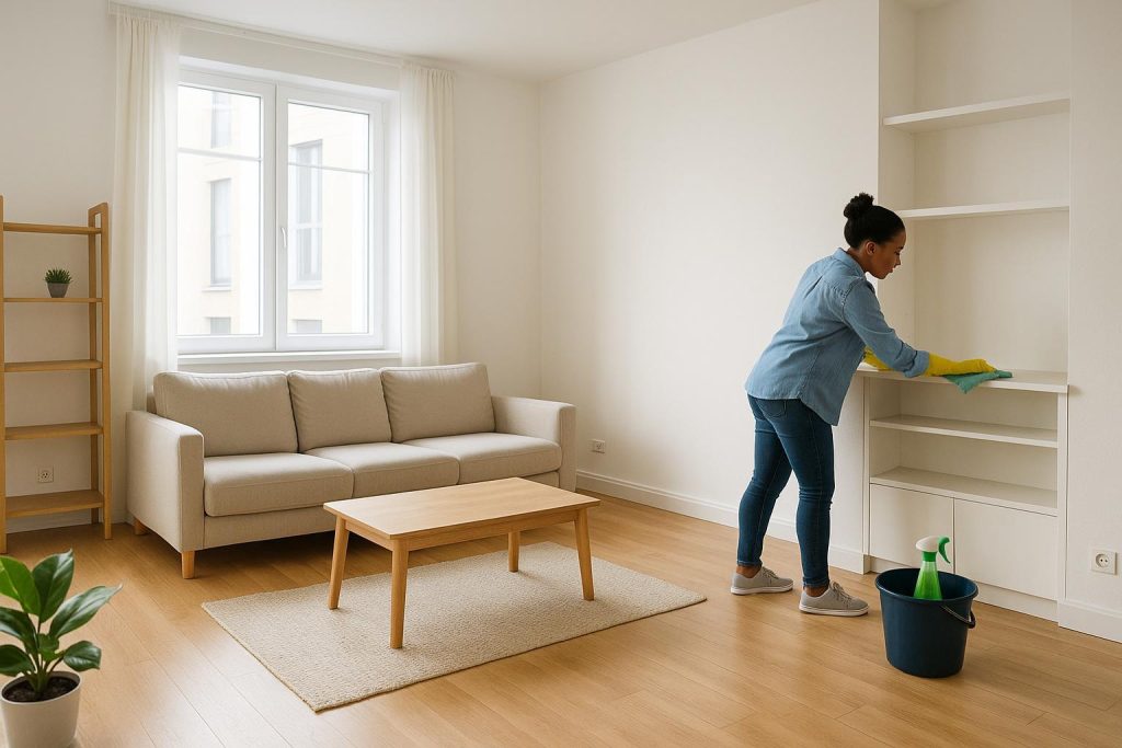A professional move-out cleaning in a bright modern living room.