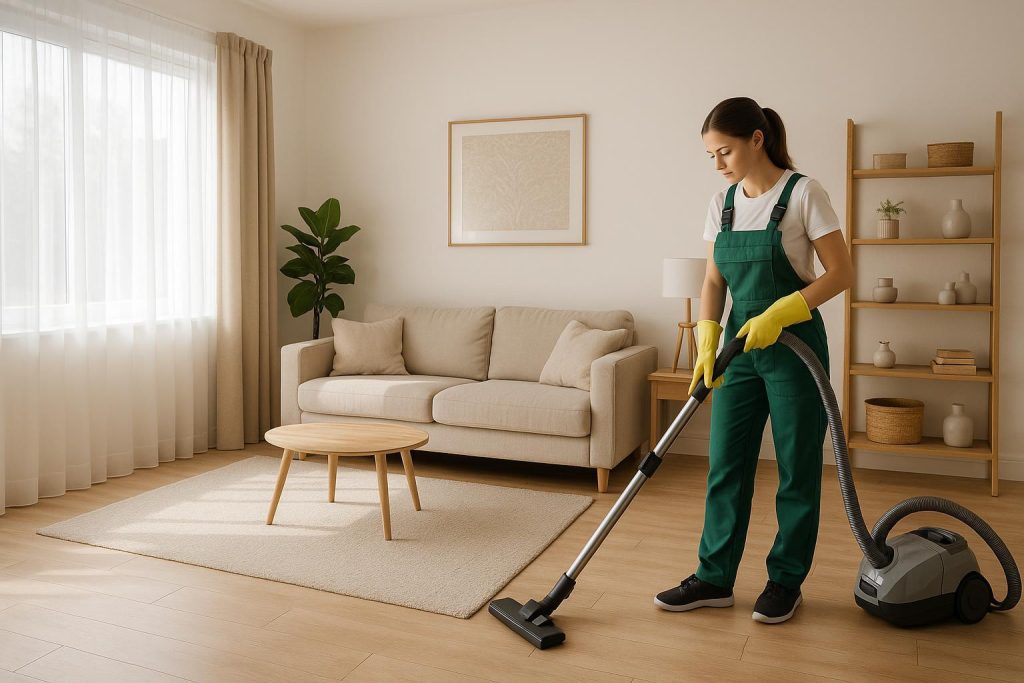 Professional deep cleaning of a bright living room before move-in.