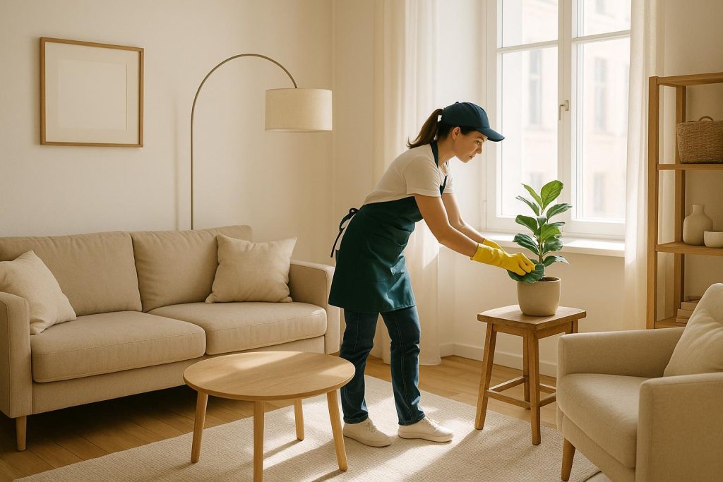 Cleaner in an empty apartment, ensuring a thorough final clean to help secure the renter's damage deposit.