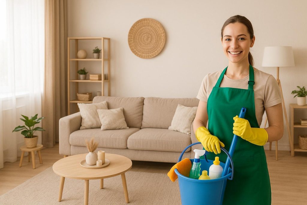 Cleaner in living room, illustrating how to request a specific cleaner or team.
