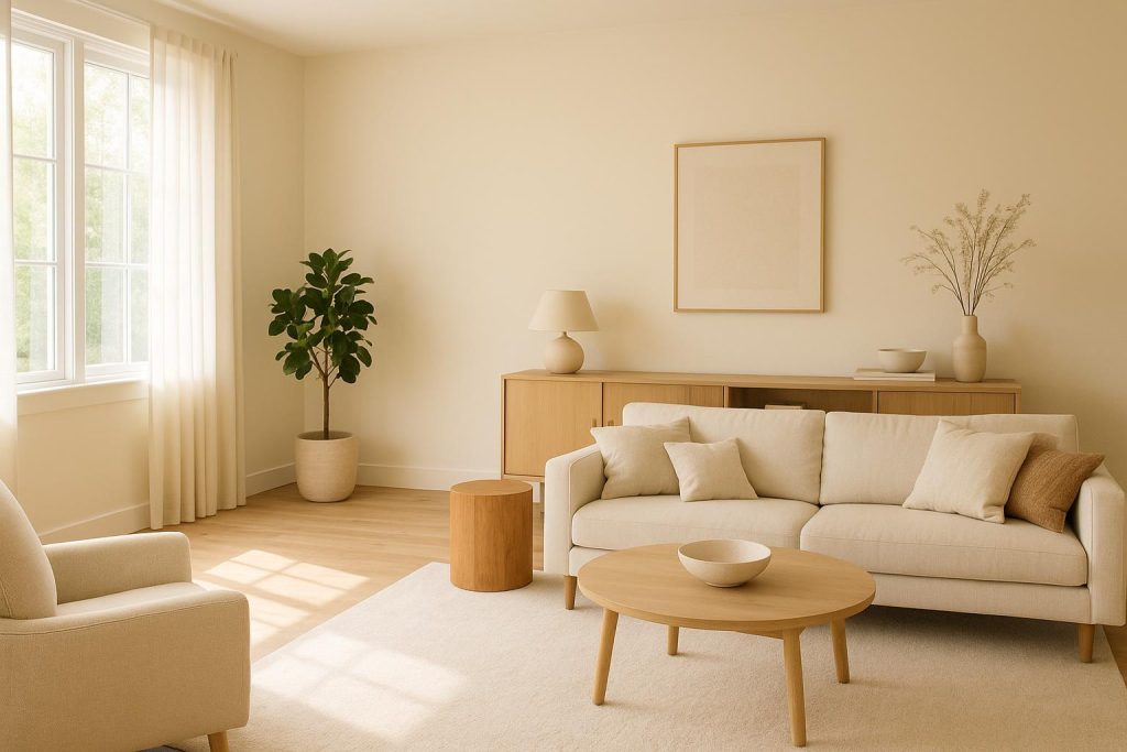 Sunlit living room with mild clutter, illustrating the need for a deep cleaning.