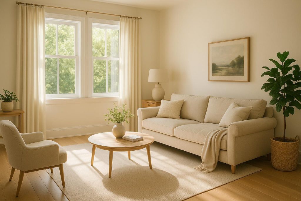 Sunlit living room with minimalist decor highlighting mental health benefits of cleanliness.