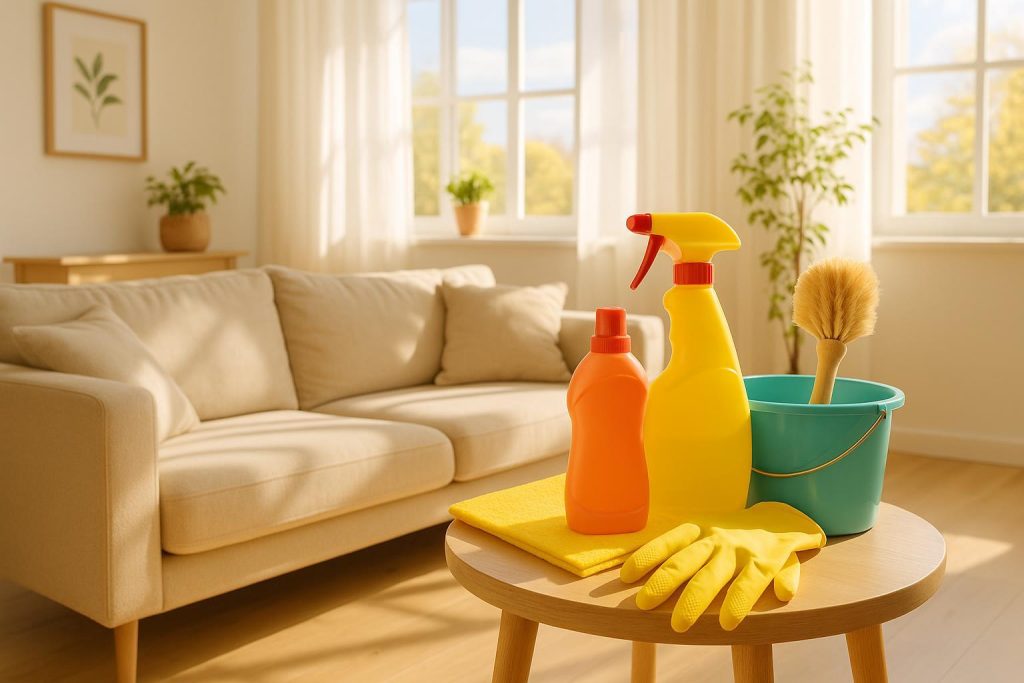 Bright living room with minimal cleaning tools, highlighting spring cleaning.