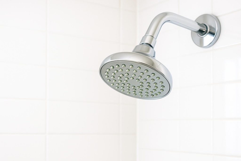 Close-up of a shiny showerhead in a bright bathroom for residential cleaning.