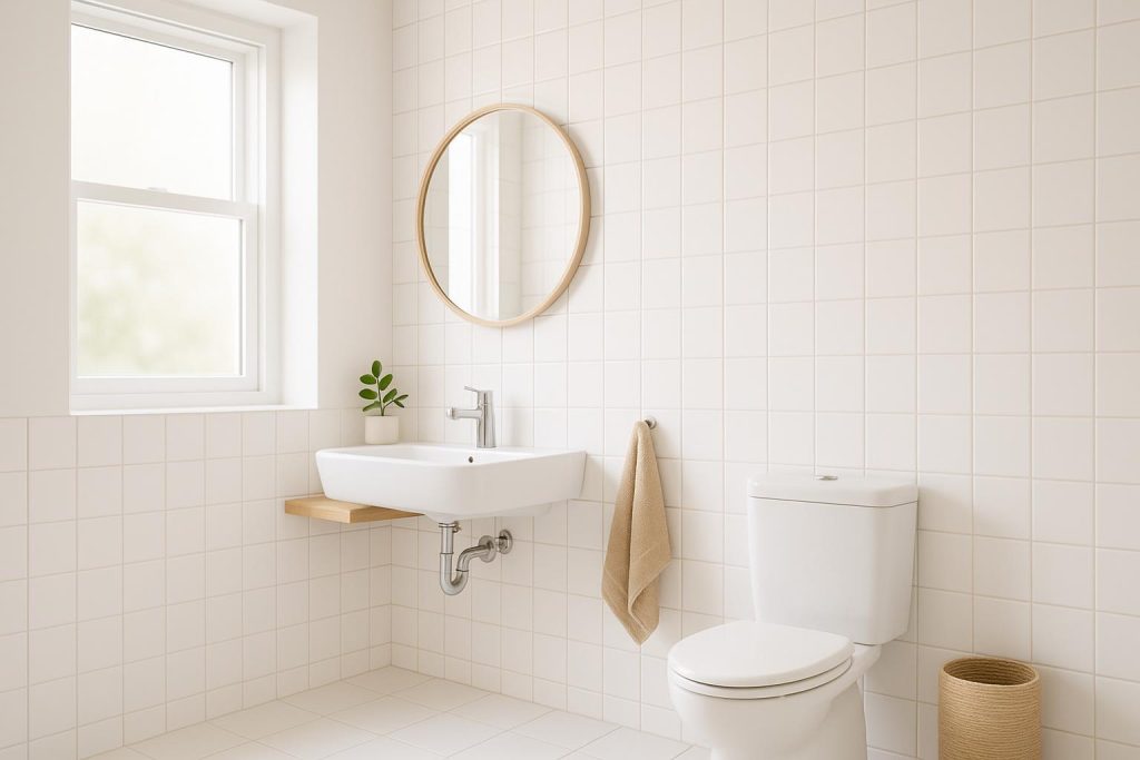 Bright bathroom with clean tile grout, highlighting professional bathroom tile grout cleaning.