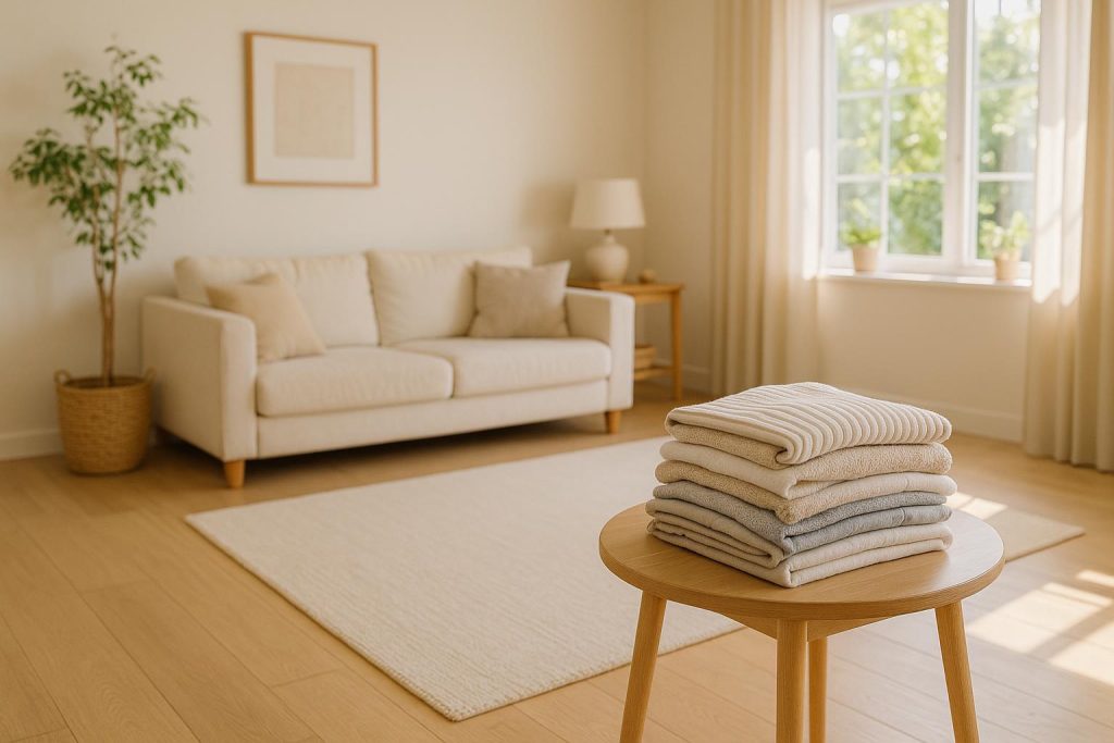 Cozy living room with folded laundry illustrating add-ons to house cleaning services