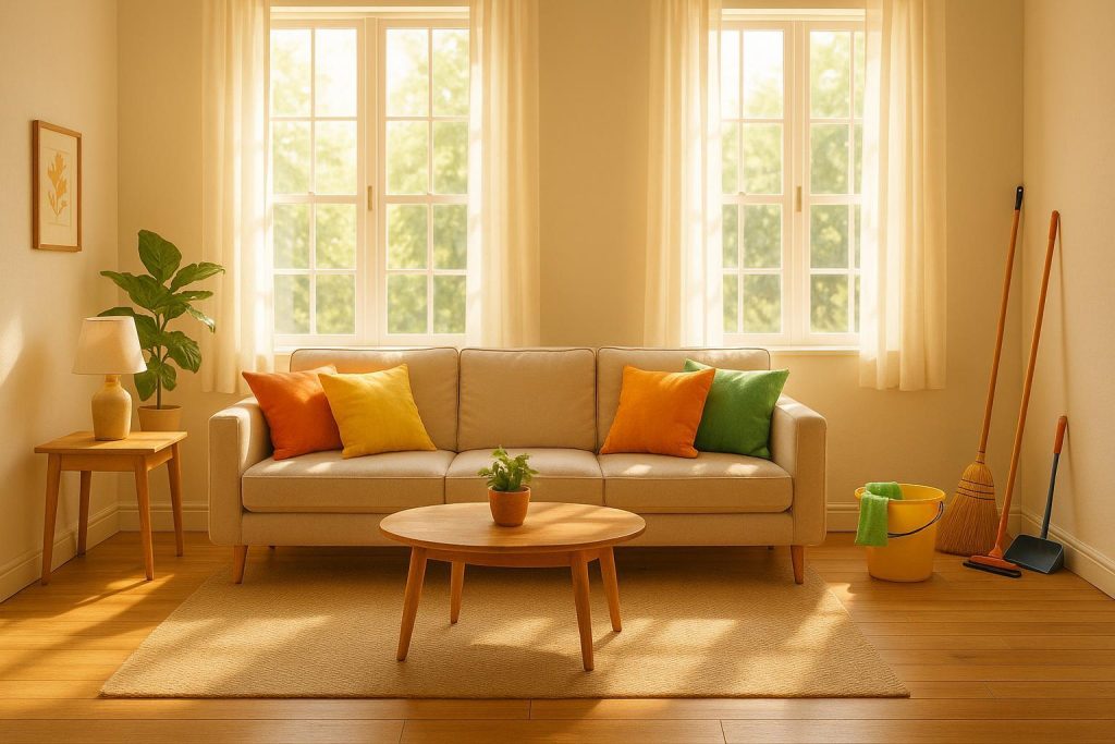 Sunlit living room with cleaning tools in a corner, illustrating spring cleaning readiness.