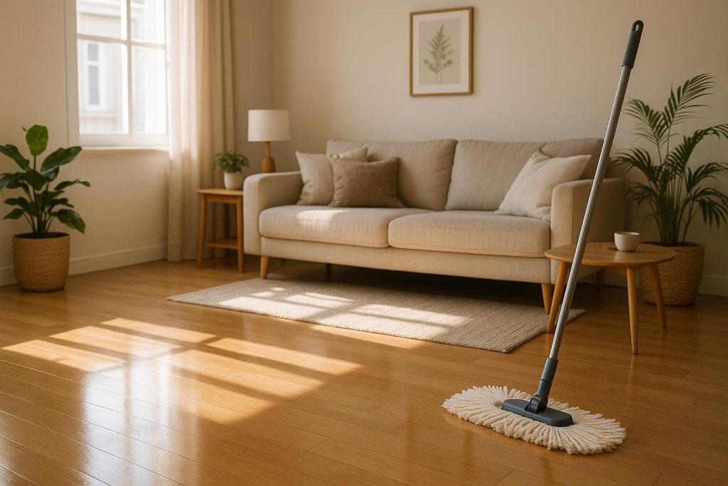 Bright living room with a freshly mopped floor and a mop, illustrating how often to mop floors.