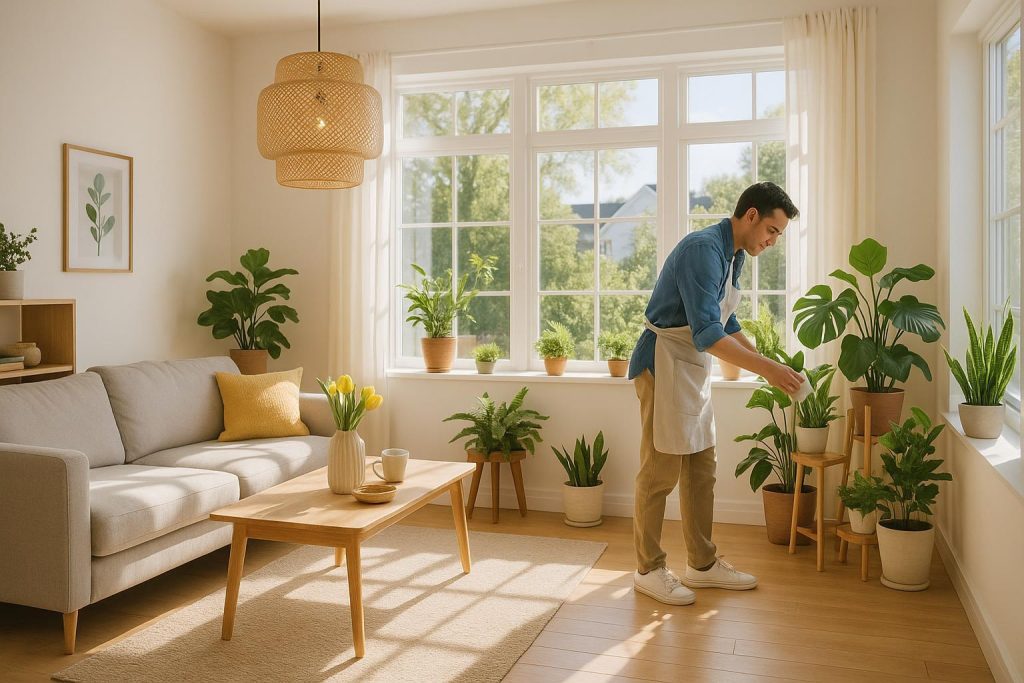 Bright living room with a person doing spring cleaning near greenery for a healthier home.