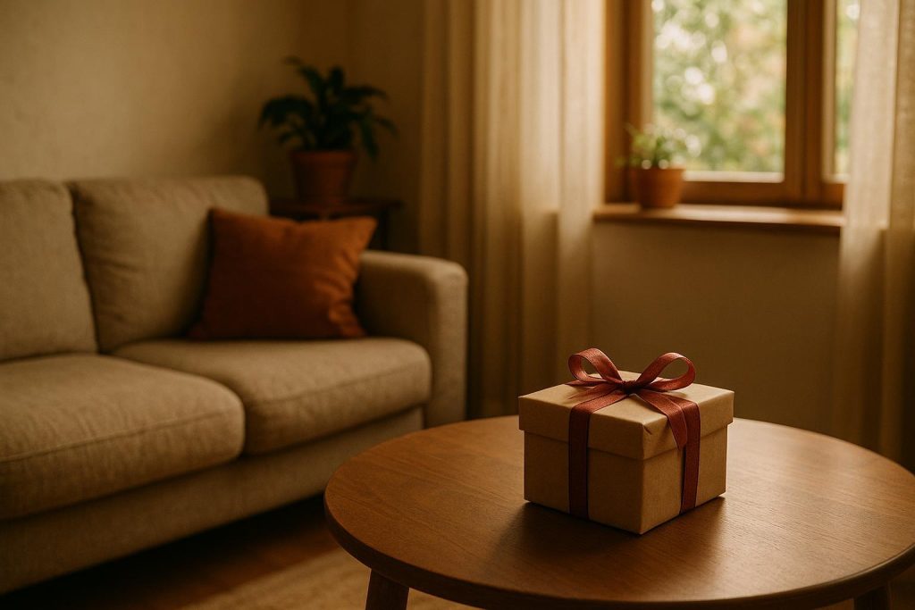 A small gift box on a table, representing gifting cleaning services to a friend.