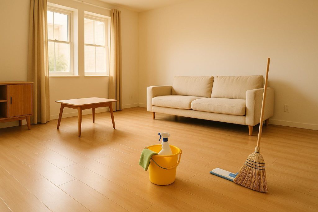 Empty living room with cleaning supplies ready for a move-out cleaning.