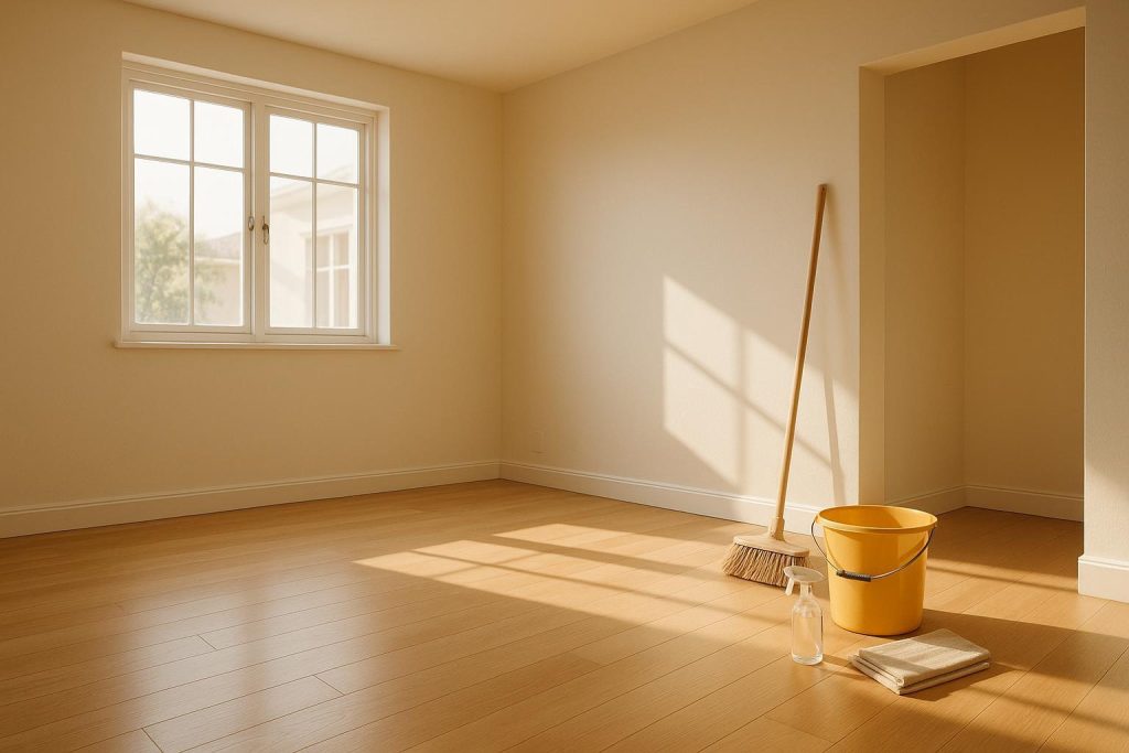 A bright, empty room with supplies illustrating the thorough move-out cleaning approach.