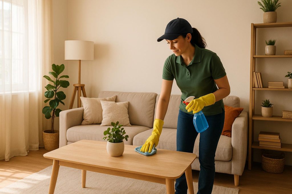 Professional cleaner straightening a bright living room, capturing a cleaning service in action.