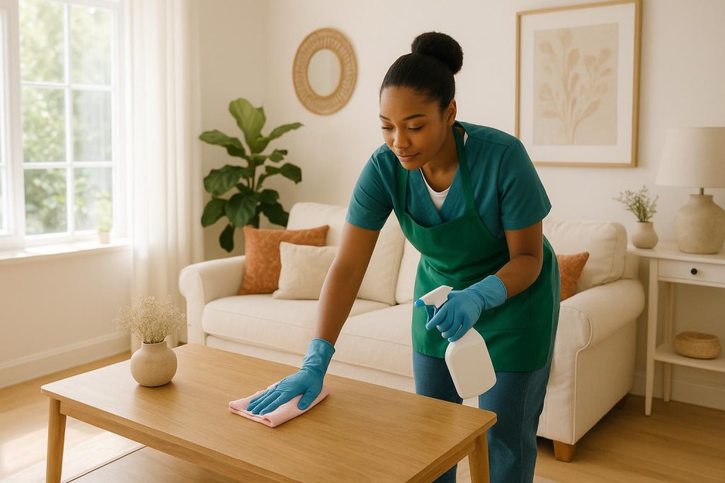 Professional cleaner tidying a well-lit living room, showing what to expect in a cleaning appointment.