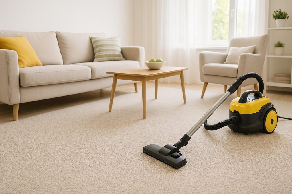 Well-lit living room carpet being vacuumed for rental cleaning in Edmonton.