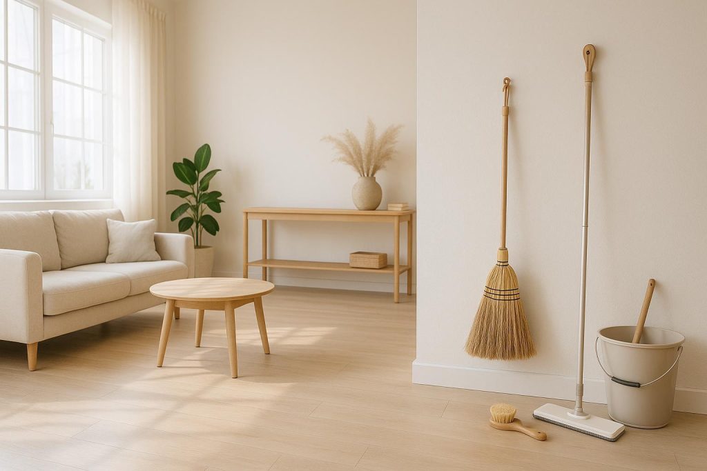 Bright, vacant room with cleaning supplies for move-out cleaning