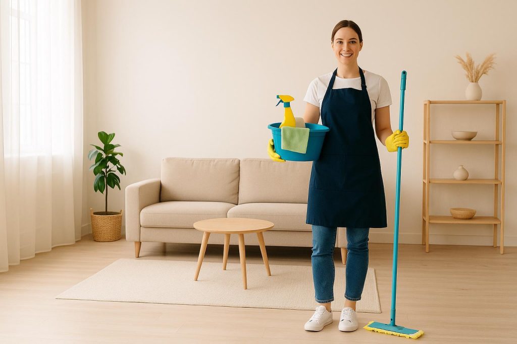 Professional performing move out cleaning in a nearly empty room