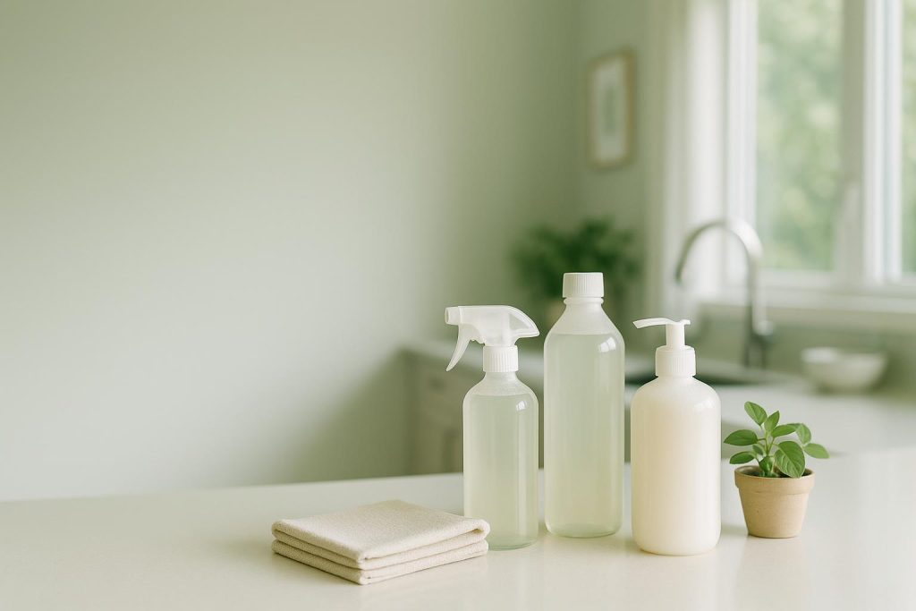 Eco-friendly cleaning supplies arranged in a bright home for allergy-conscious cleaning.