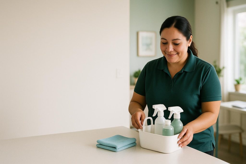 Affordable house cleaners organizing supplies for an efficient recurring home cleaning visit